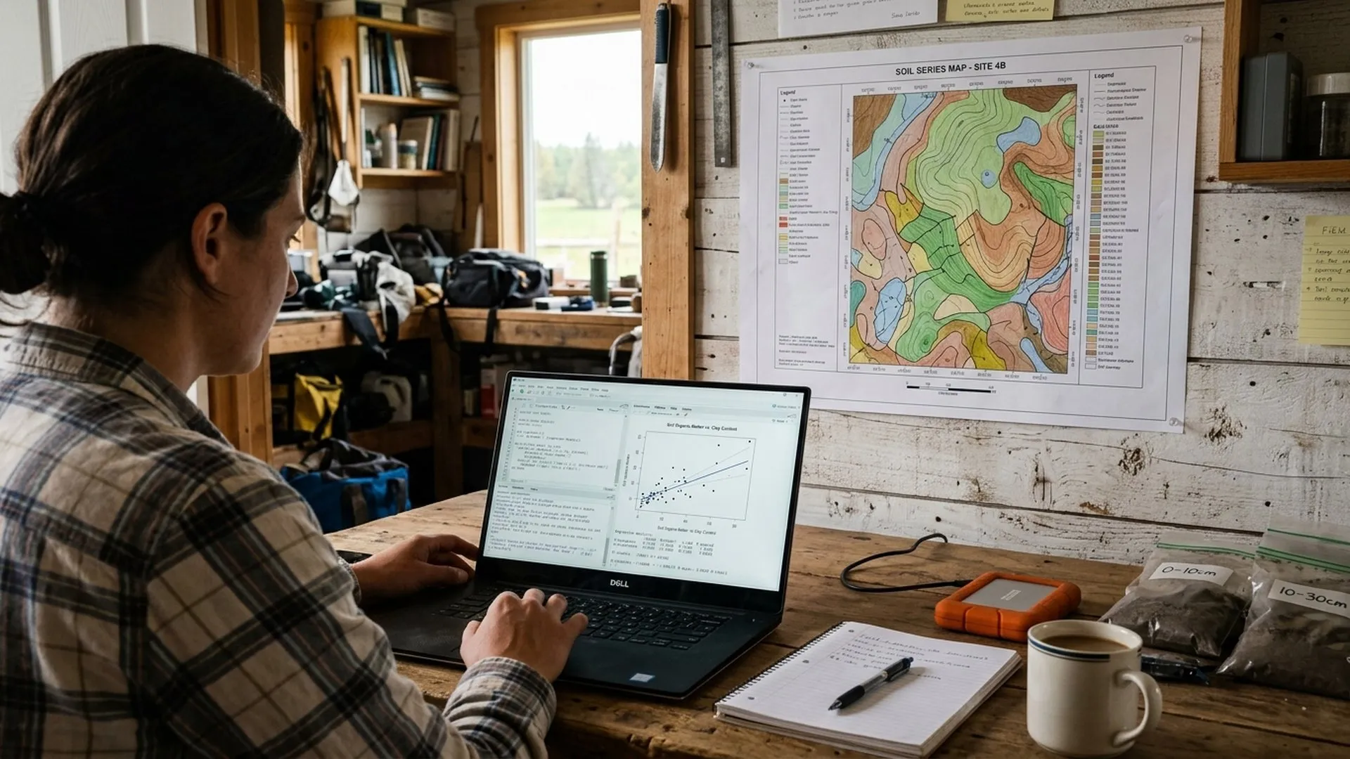 A researcher analysing soil data on a laptop in a field cabin, beside a soil survey map and bagged samples.