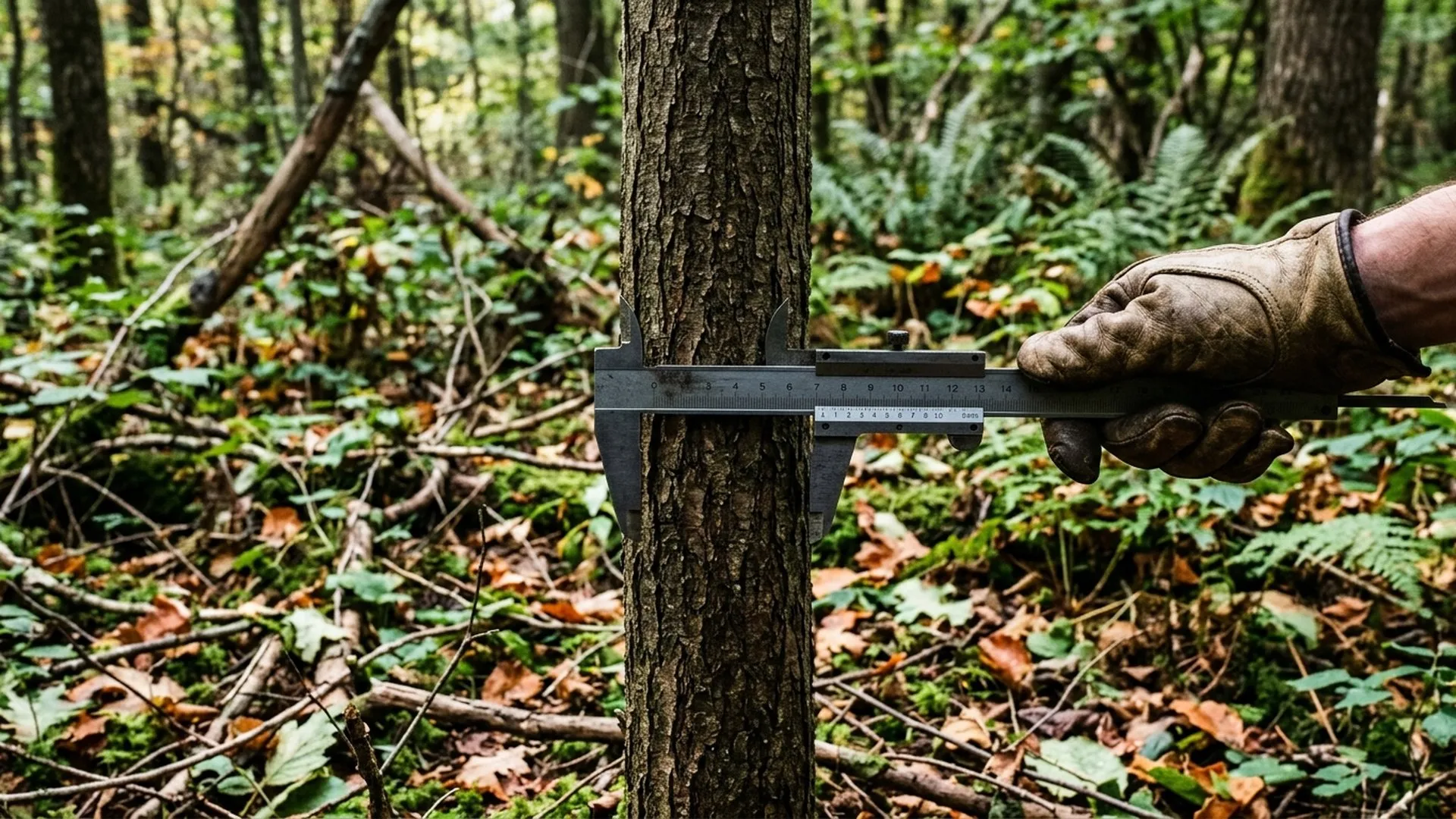 Measuring a tree trunk's diameter with steel calipers in a forest understory.