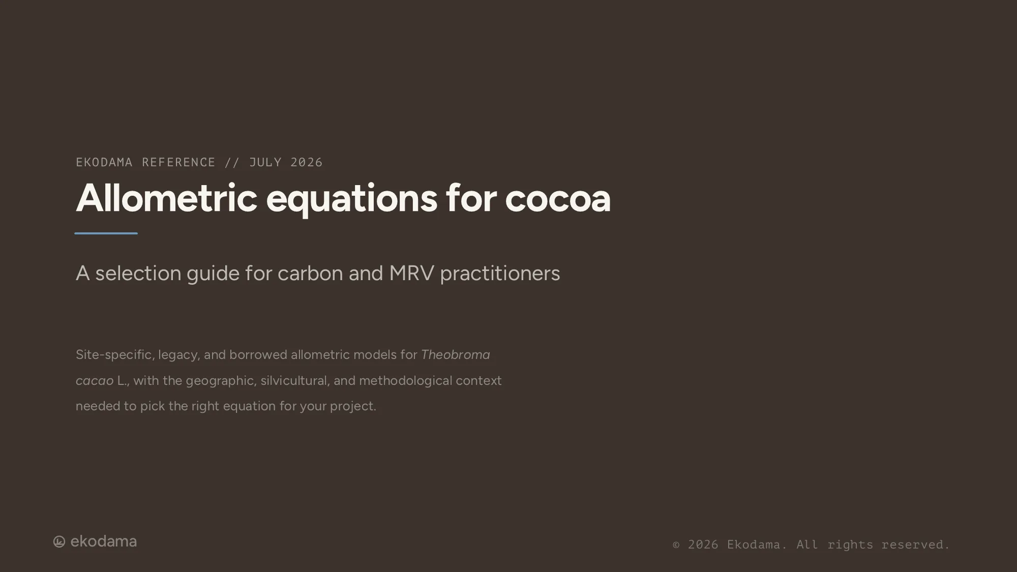 Cover of the Ekodama Cocoa Allometry reference deck, 'Allometric equations for cocoa'.
